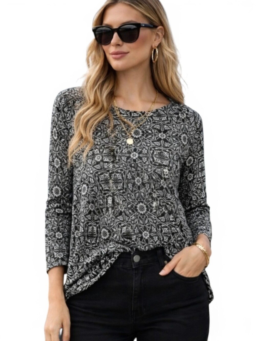 J. Jill Plush Cotton Knit Flowy Top Black/White Pattern Coastal Grandma  Sz L